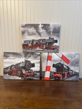 Set of 3 Trains Railroad Prints on Canvas Wall Art Steam Engines Black and White